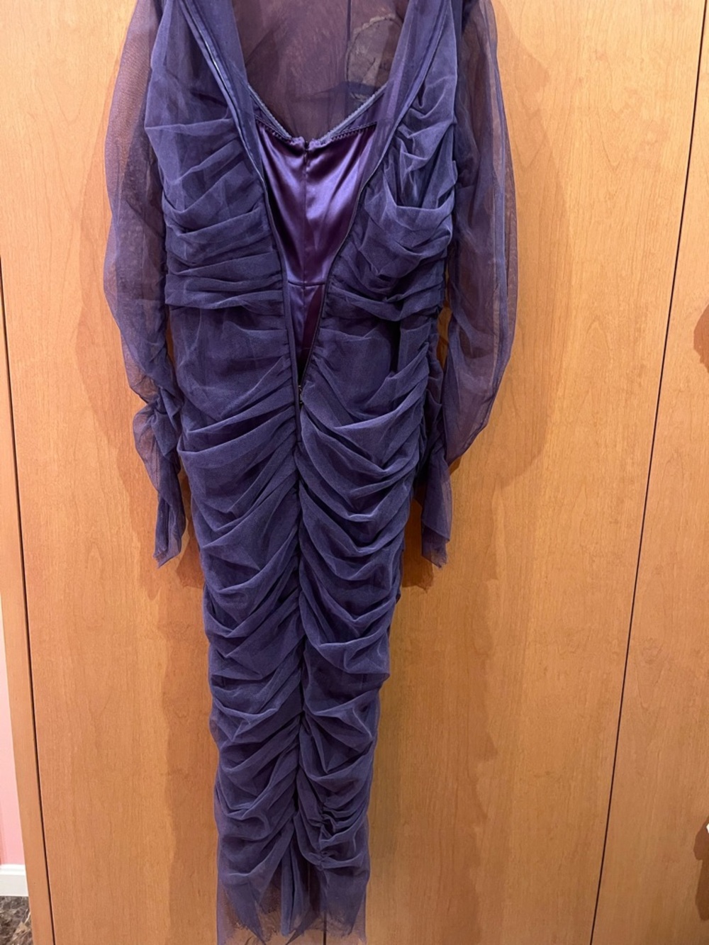 Dolce & Gabbana Purple Sheer Ruched Dress with Yellow Floral Appliqué - Picture 4 of 6